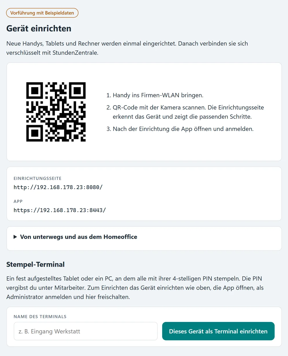 Verwaltung › Geräte mit QR-Code, Adressen und Terminal-Einrichtung