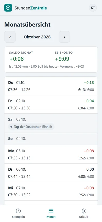 Monatsansicht mit Soll, Ist und Zeitkonto auf dem Handy
