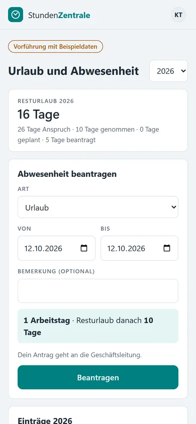 Urlaubsübersicht und Antrag auf dem Handy